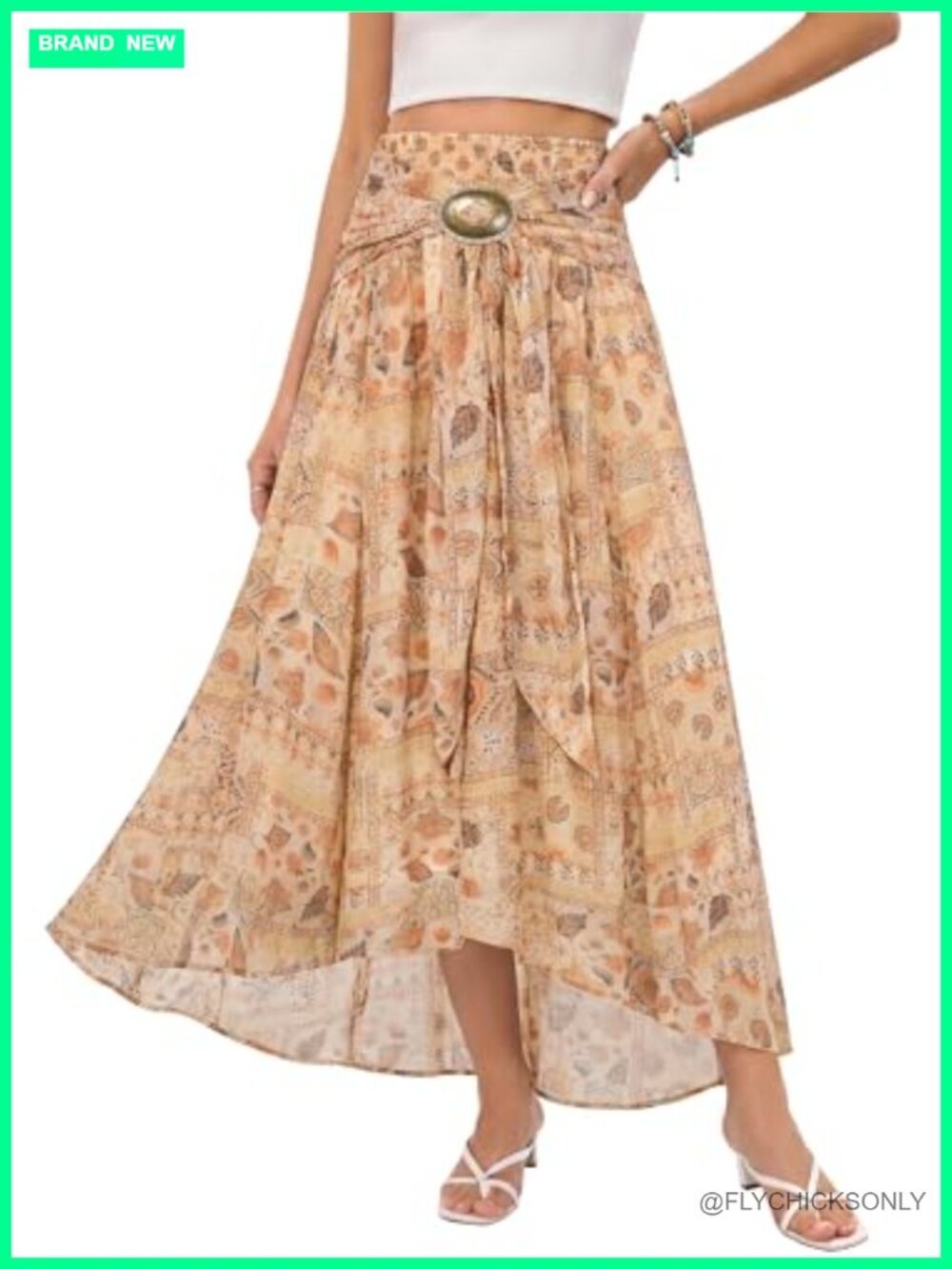 Boho Floral Maxi Skirt High Low Flowy Skirt with Stretchy Waist